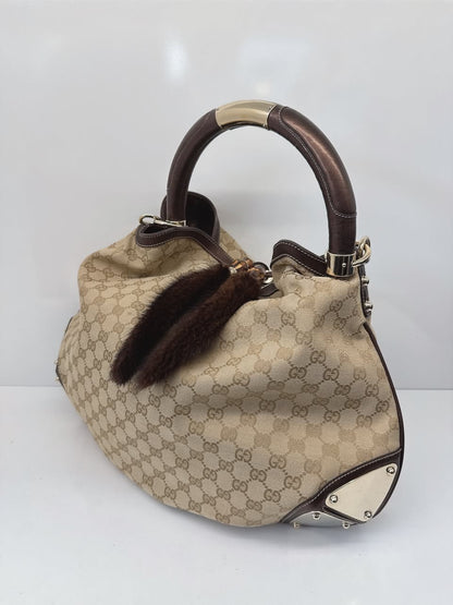 BEIGE GG CANVAS LARGE FUR TASSEL INDY HOBO BAG
