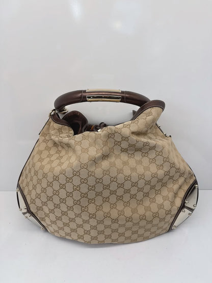 BEIGE GG CANVAS LARGE FUR TASSEL INDY HOBO BAG