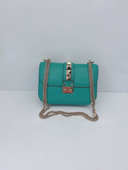 GREEN LEATHER ROCKSTUD GLAM LOCK FLAP SMALL SHOULDER BAG