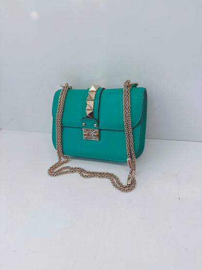 GREEN LEATHER ROCKSTUD GLAM LOCK FLAP SMALL SHOULDER BAG