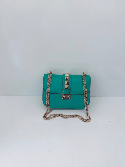 GREEN LEATHER ROCKSTUD GLAM LOCK FLAP SMALL SHOULDER BAG