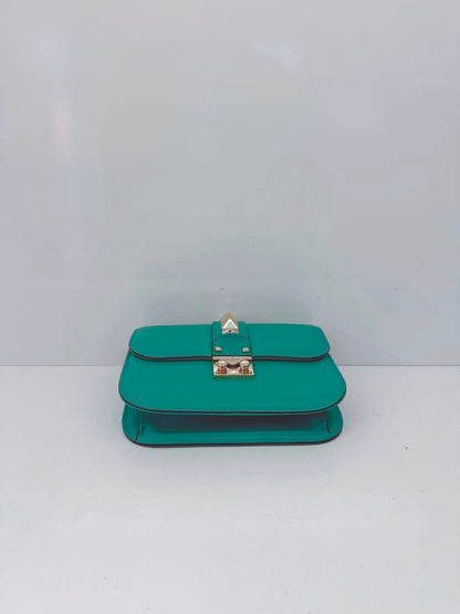 GREEN LEATHER ROCKSTUD GLAM LOCK FLAP SMALL SHOULDER BAG