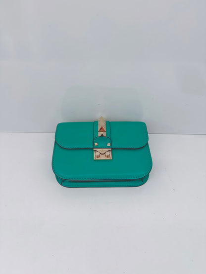 GREEN LEATHER ROCKSTUD GLAM LOCK FLAP SMALL SHOULDER BAG