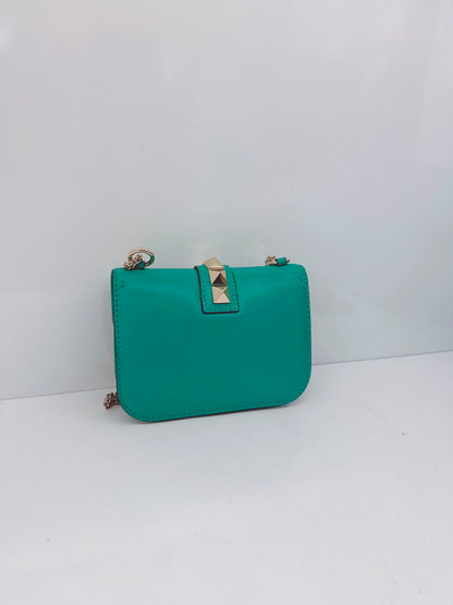 GREEN LEATHER ROCKSTUD GLAM LOCK FLAP SMALL SHOULDER BAG