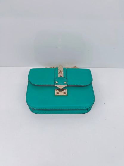 GREEN LEATHER ROCKSTUD GLAM LOCK FLAP SMALL SHOULDER BAG