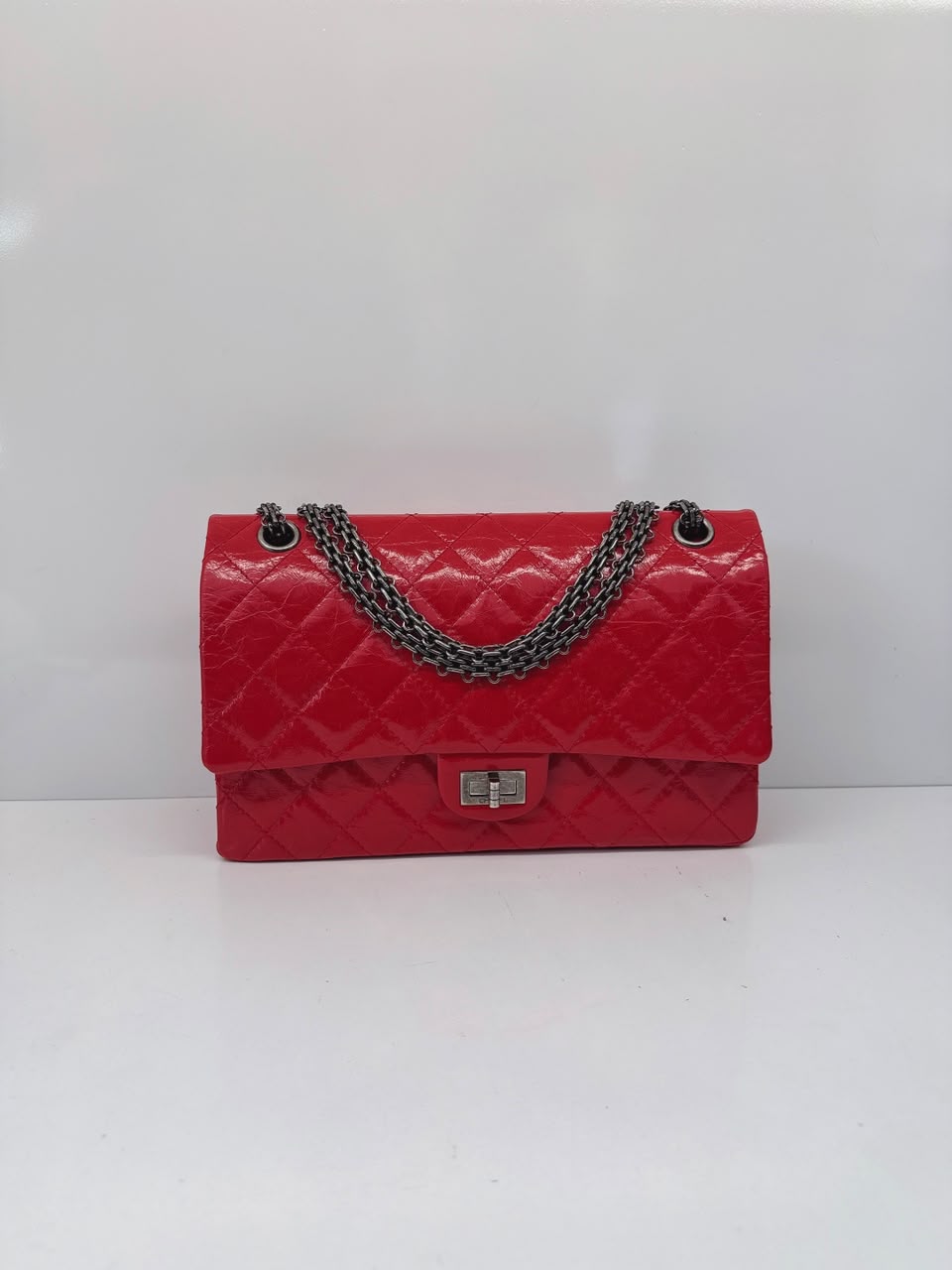 RED SHINY AGED CALFSKIN 2.55 REISSUE DOUBLE FLAP BAG