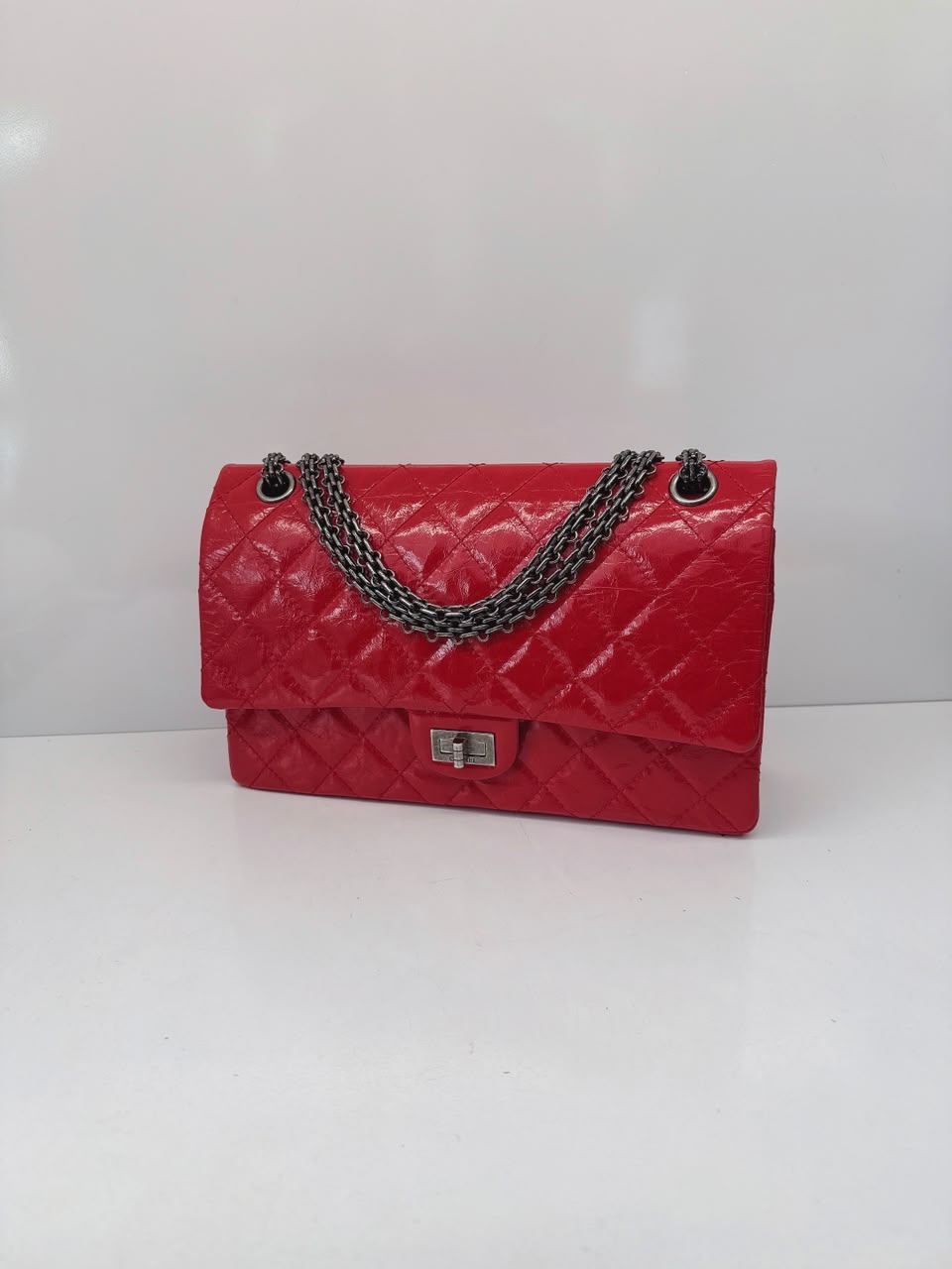 RED SHINY AGED CALFSKIN 2.55 REISSUE DOUBLE FLAP BAG