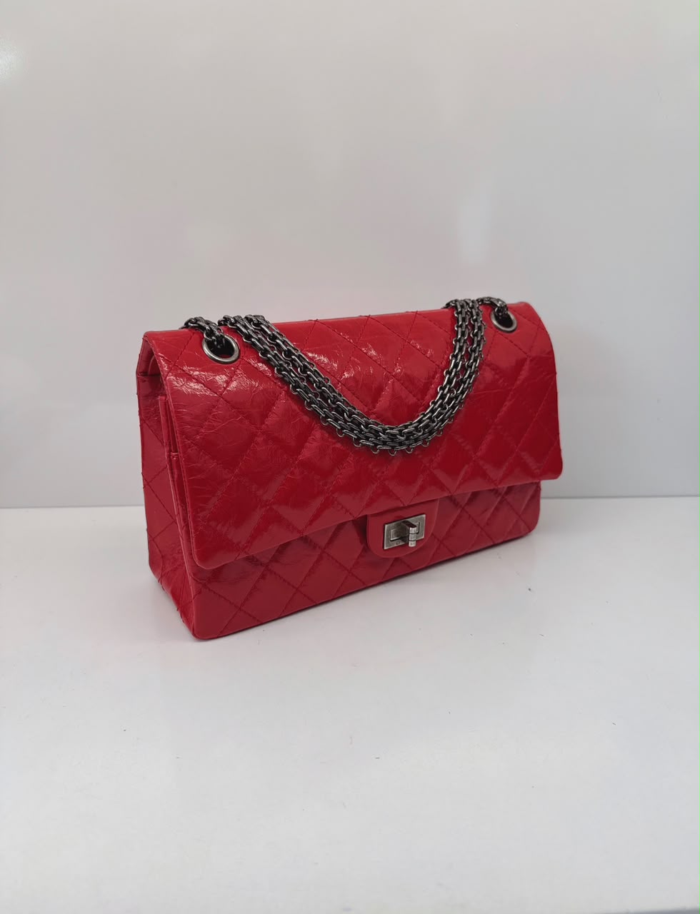 RED SHINY AGED CALFSKIN 2.55 REISSUE DOUBLE FLAP BAG