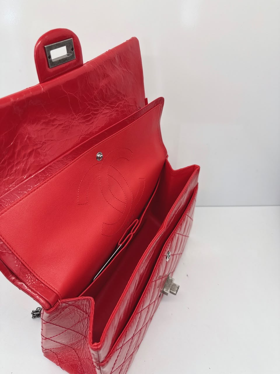 RED SHINY AGED CALFSKIN 2.55 REISSUE DOUBLE FLAP BAG