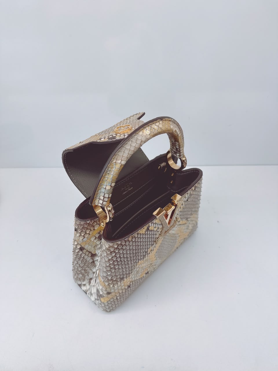 BEIGE GOLD PYTHON LEATHER MINI CAPUCINES BAG