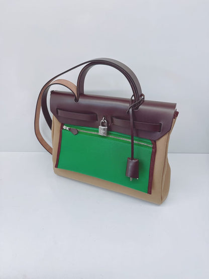 EBENE VACHE HUNTER AND BEIGE MARFA AND CACTUS TOILE HERBAG ZIP 31 PALLADIUM HARDWARE