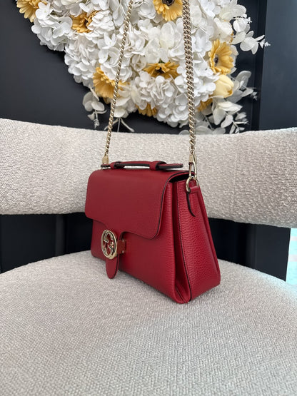 RED LEATHER INTERLOCKING TOP HANDLE SHOULDER BAG