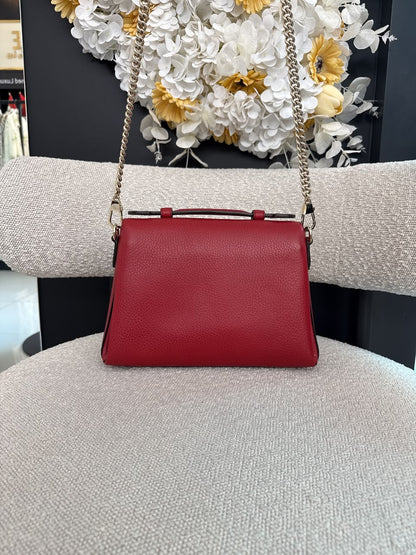 RED LEATHER INTERLOCKING TOP HANDLE SHOULDER BAG