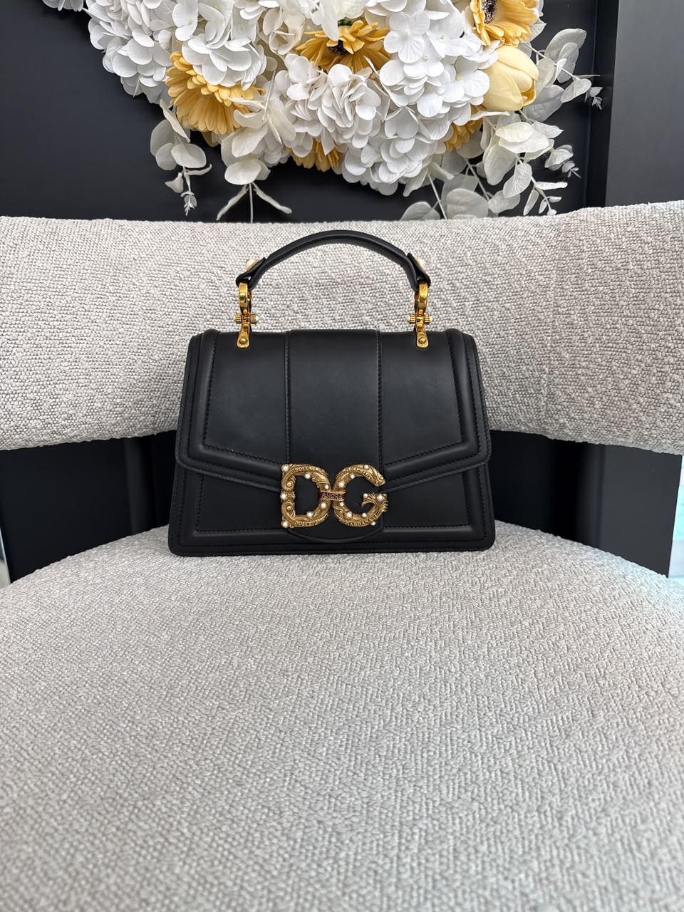 BLACK LEATHER DG AMORE TOP HANDLE BAG