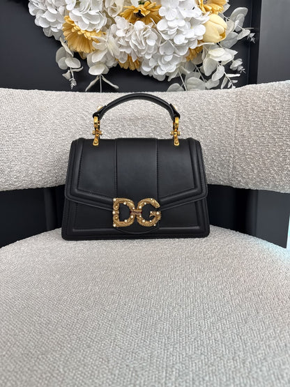 BLACK LEATHER DG AMORE TOP HANDLE BAG
