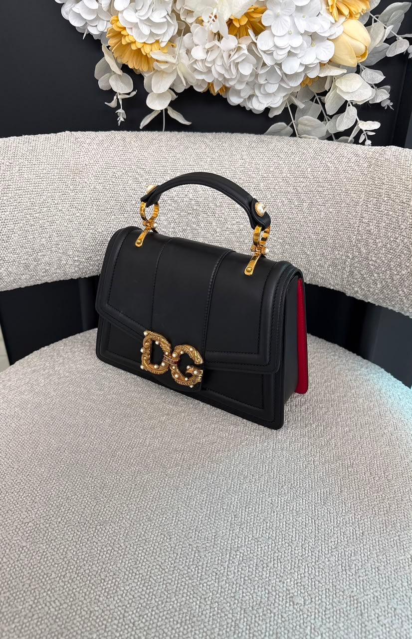 BLACK LEATHER DG AMORE TOP HANDLE BAG