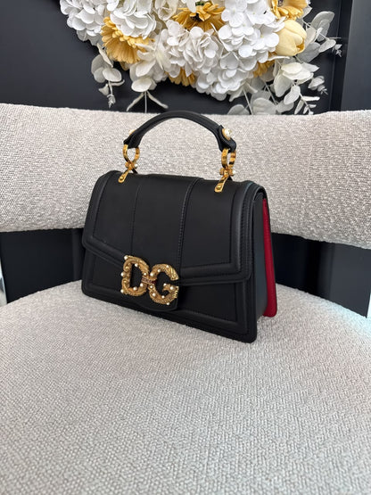 BLACK LEATHER DG AMORE TOP HANDLE BAG