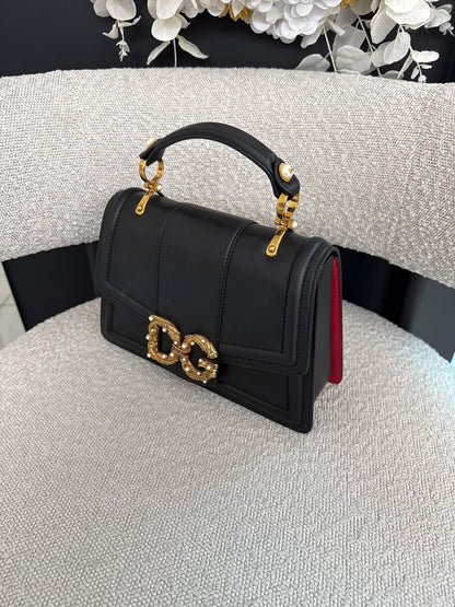 BLACK LEATHER DG AMORE TOP HANDLE BAG