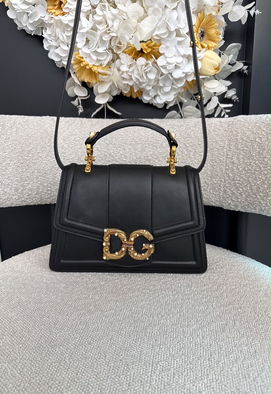 BLACK LEATHER DG AMORE TOP HANDLE BAG