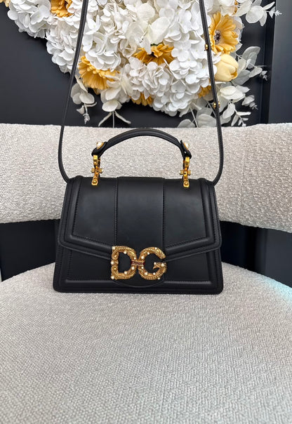 BLACK LEATHER DG AMORE TOP HANDLE BAG