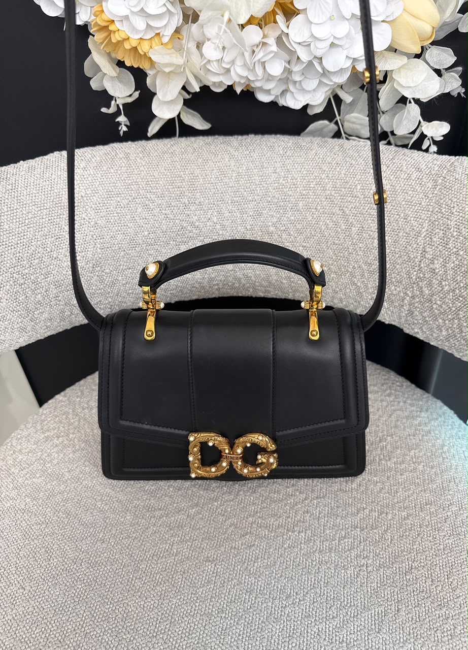 BLACK LEATHER DG AMORE TOP HANDLE BAG
