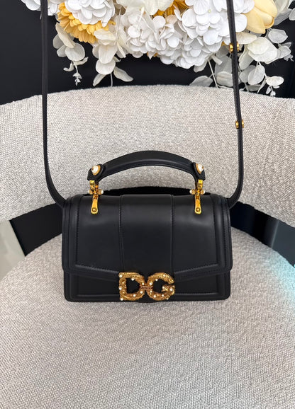 BLACK LEATHER DG AMORE TOP HANDLE BAG