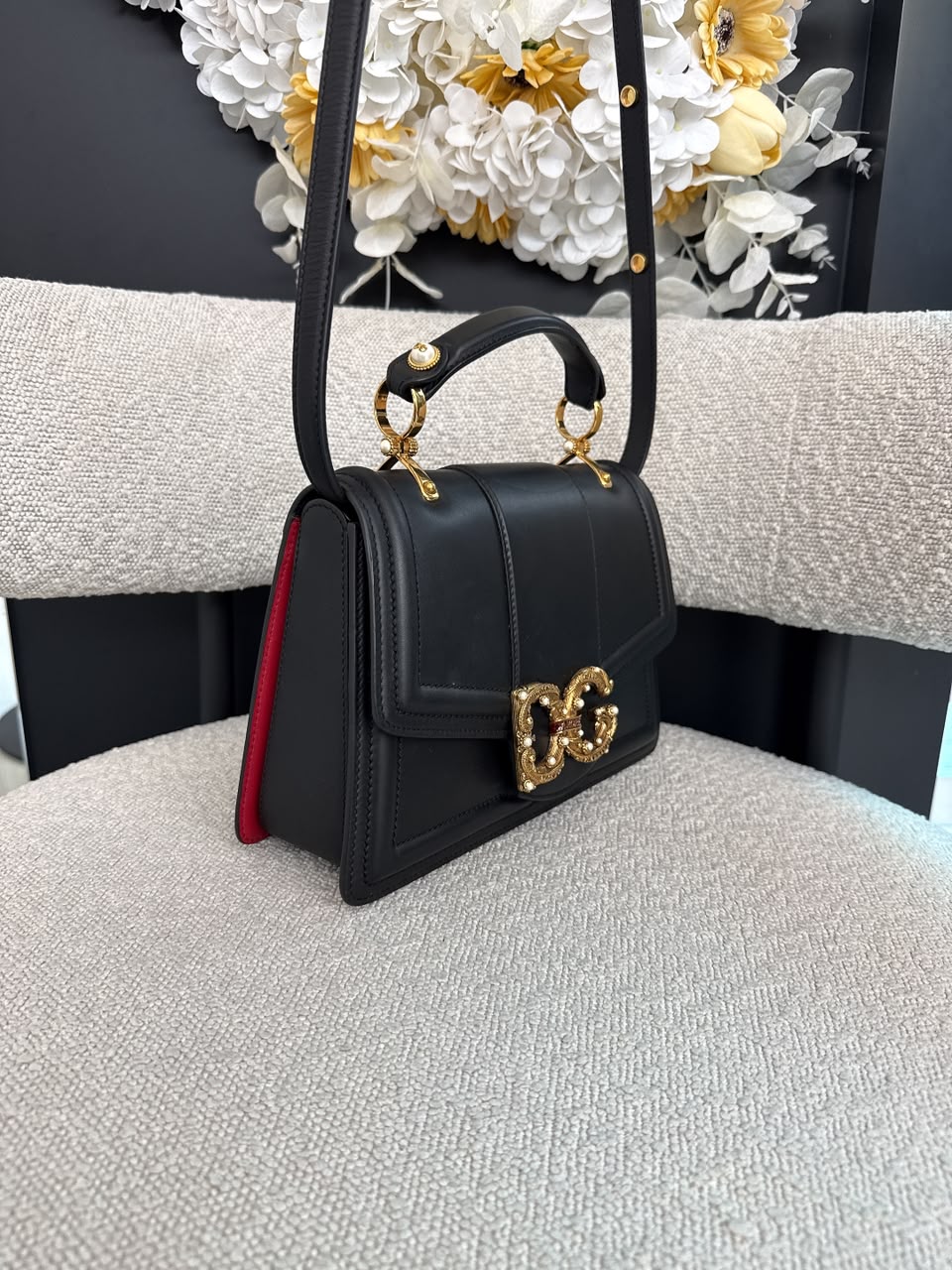 BLACK LEATHER DG AMORE TOP HANDLE BAG