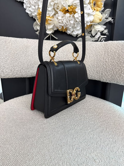 BLACK LEATHER DG AMORE TOP HANDLE BAG