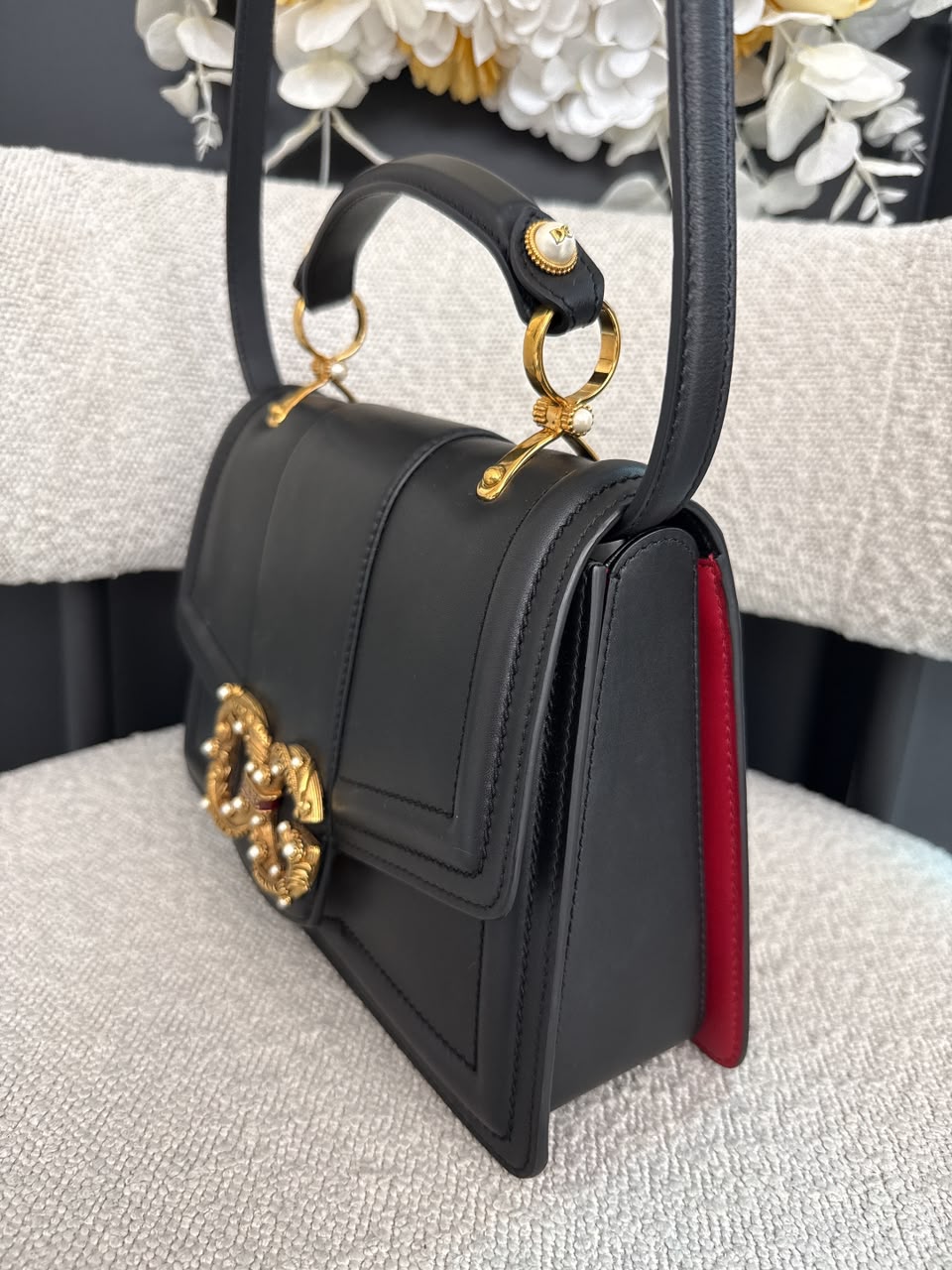 BLACK LEATHER DG AMORE TOP HANDLE BAG