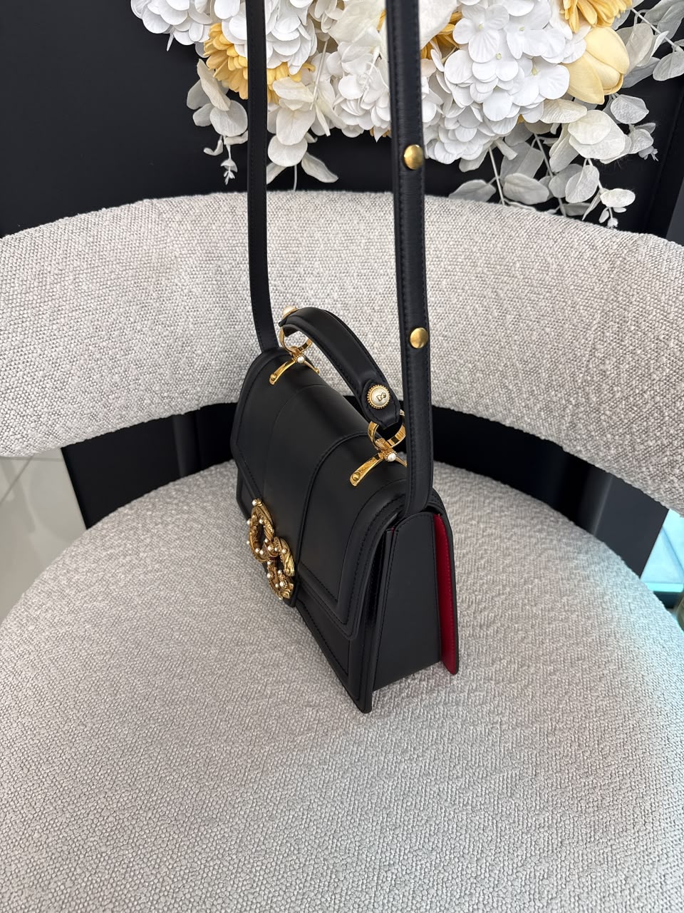 BLACK LEATHER DG AMORE TOP HANDLE BAG