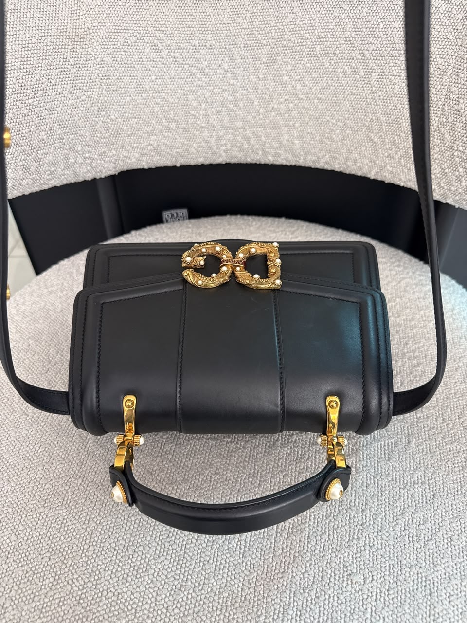 BLACK LEATHER DG AMORE TOP HANDLE BAG