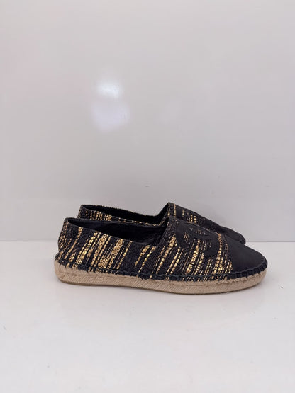 BLACK GOLD WOVEN FABRIC CC ESPADRILLES FLATS 38