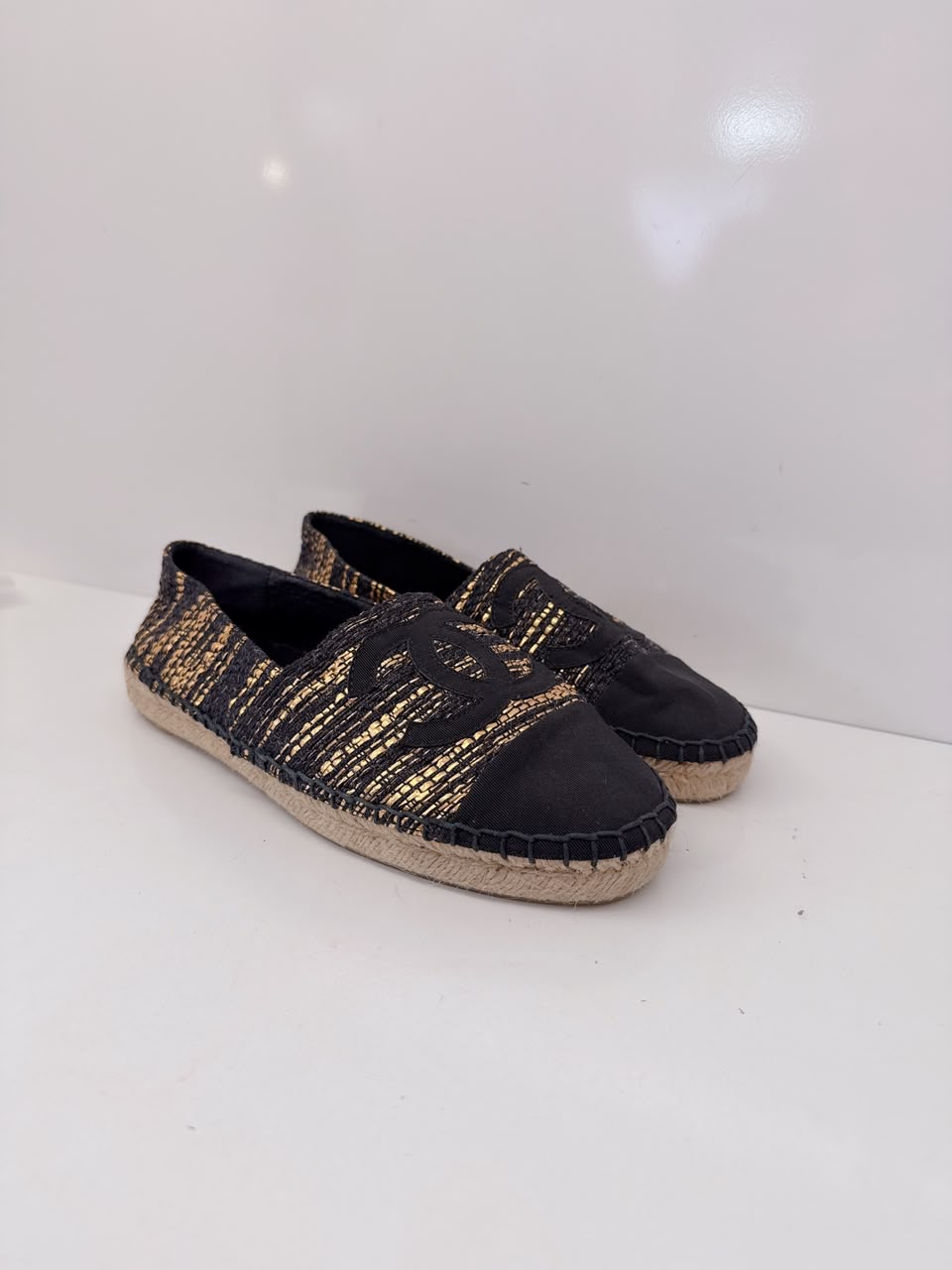 BLACK GOLD WOVEN FABRIC CC ESPADRILLES FLATS 38