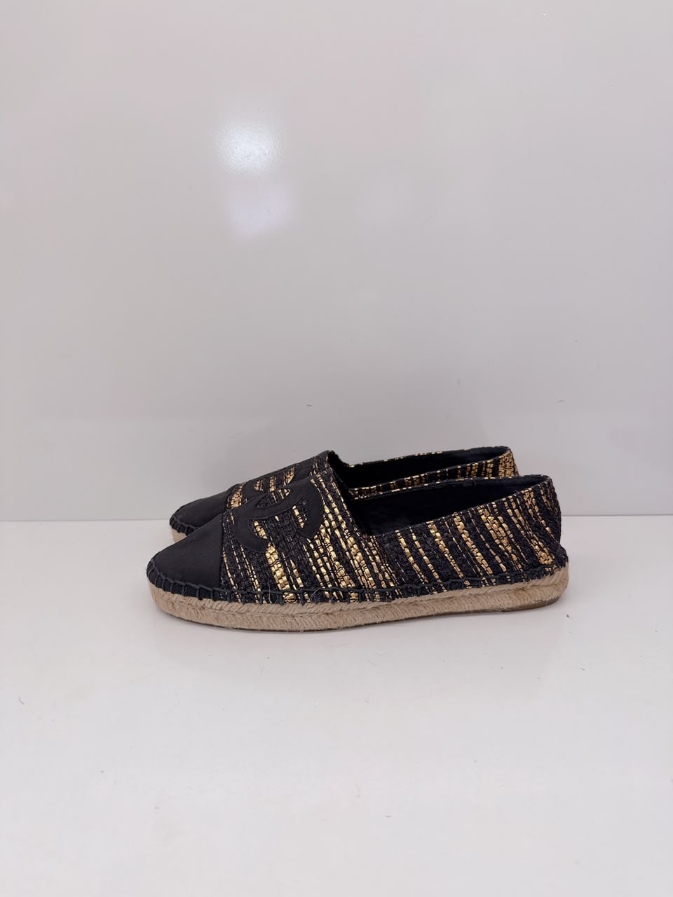 BLACK GOLD WOVEN FABRIC CC ESPADRILLES FLATS 38