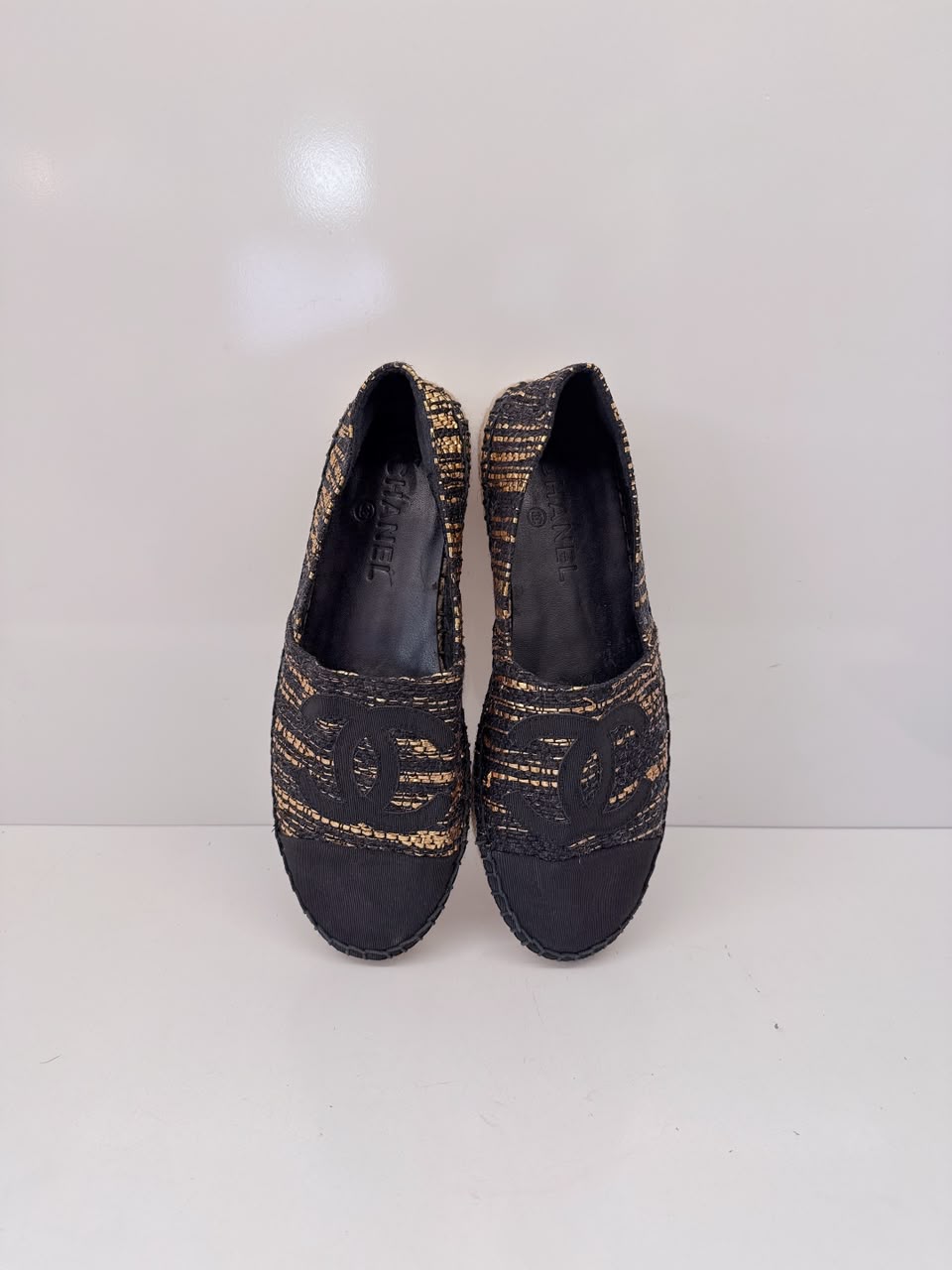 BLACK GOLD WOVEN FABRIC CC ESPADRILLES FLATS 38