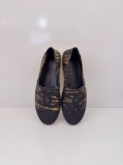 BLACK GOLD WOVEN FABRIC CC ESPADRILLES FLATS 38