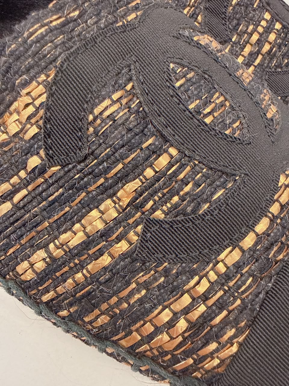 BLACK GOLD WOVEN FABRIC CC ESPADRILLES FLATS 38