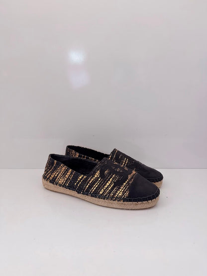 BLACK GOLD WOVEN FABRIC CC ESPADRILLES FLATS 38