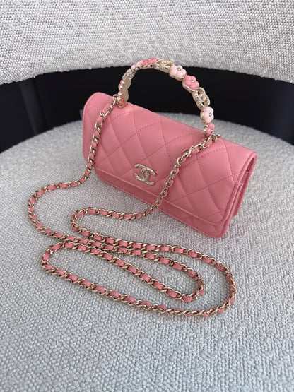 LIGHT PINK CC FLOWER WALLET ON CHAIN TOP HANDLE BAG
