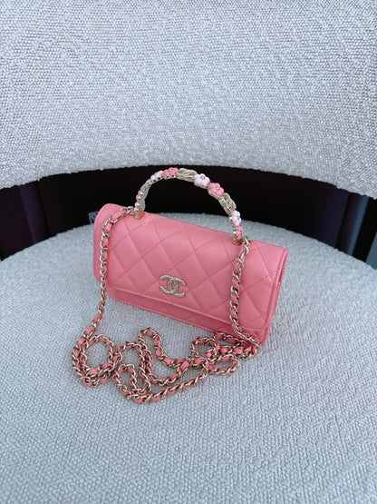 LIGHT PINK CC FLOWER WALLET ON CHAIN TOP HANDLE BAG