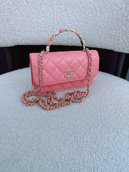 LIGHT PINK CC FLOWER WALLET ON CHAIN TOP HANDLE BAG
