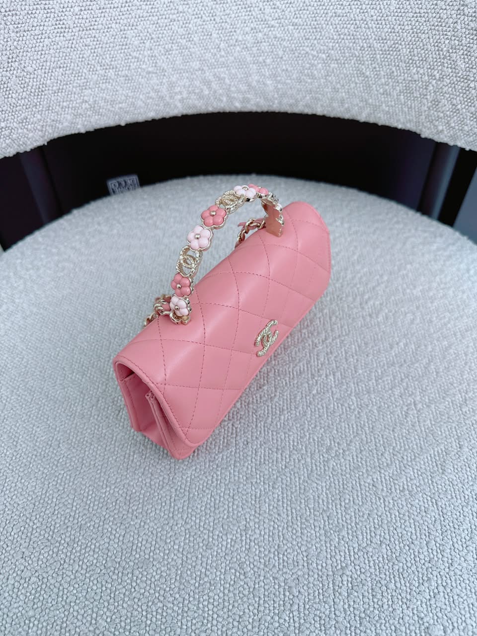 LIGHT PINK CC FLOWER WALLET ON CHAIN TOP HANDLE BAG