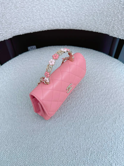 LIGHT PINK CC FLOWER WALLET ON CHAIN TOP HANDLE BAG