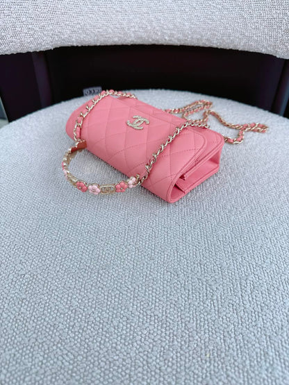 LIGHT PINK CC FLOWER WALLET ON CHAIN TOP HANDLE BAG
