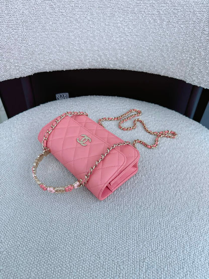 LIGHT PINK CC FLOWER WALLET ON CHAIN TOP HANDLE BAG