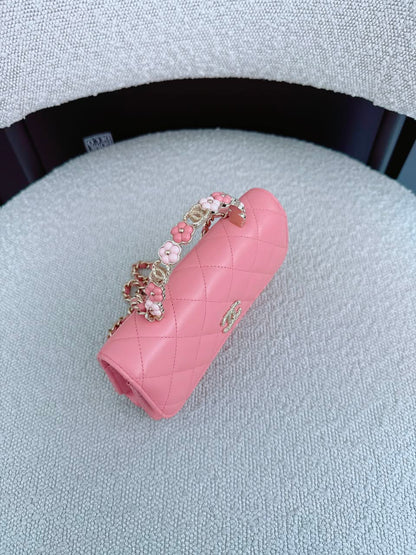 LIGHT PINK CC FLOWER WALLET ON CHAIN TOP HANDLE BAG