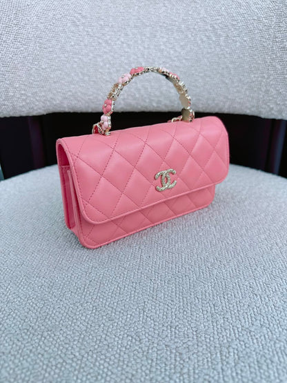 LIGHT PINK CC FLOWER WALLET ON CHAIN TOP HANDLE BAG