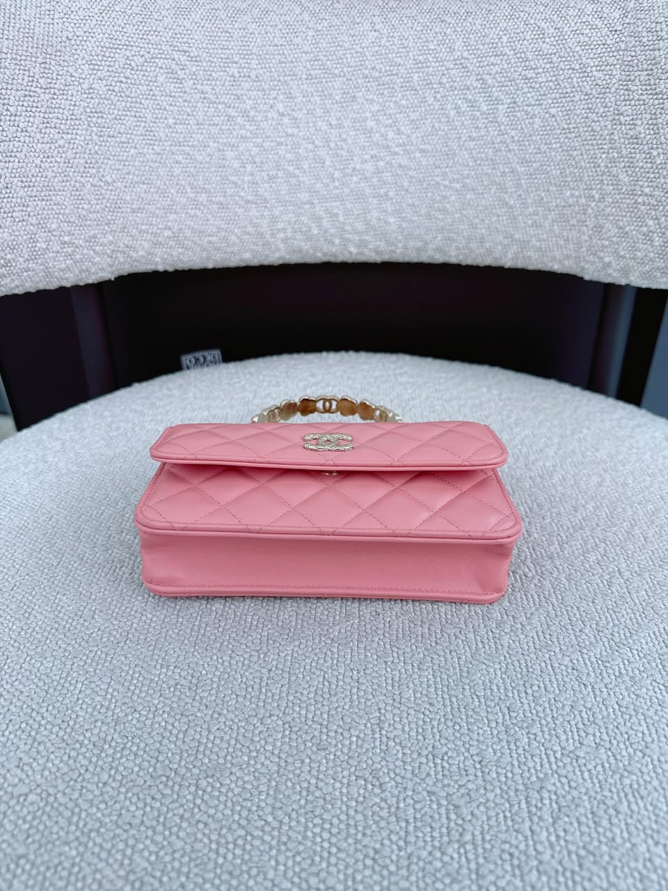 LIGHT PINK CC FLOWER WALLET ON CHAIN TOP HANDLE BAG