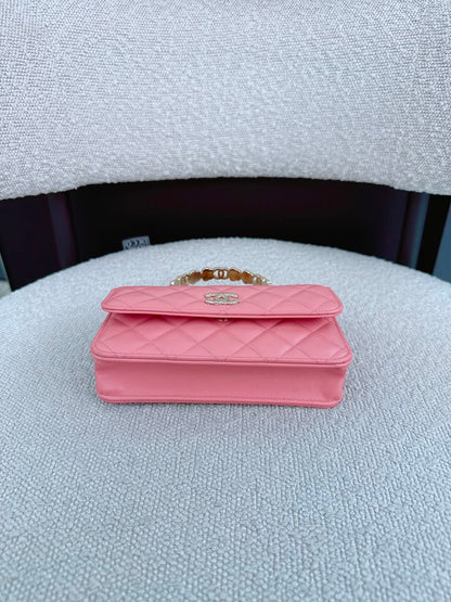 LIGHT PINK CC FLOWER WALLET ON CHAIN TOP HANDLE BAG