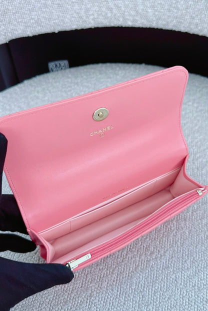 LIGHT PINK CC FLOWER WALLET ON CHAIN TOP HANDLE BAG